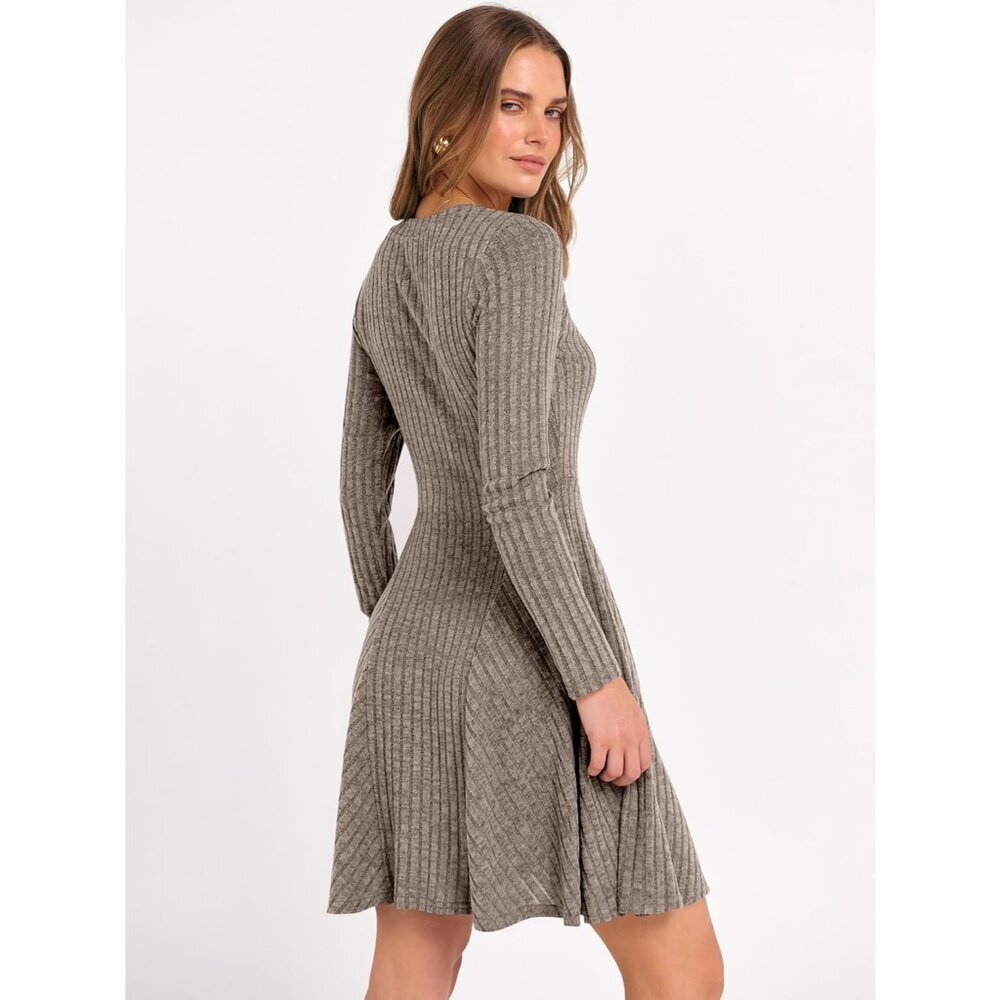 Women's Long Sleeve Ribbed Short Dresses V Neck Swing Sweater Dress Ash Brown - Picture 4 of 7